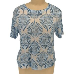 Joie Palm Print T-Shirt Blue White 100% Cotton 1X